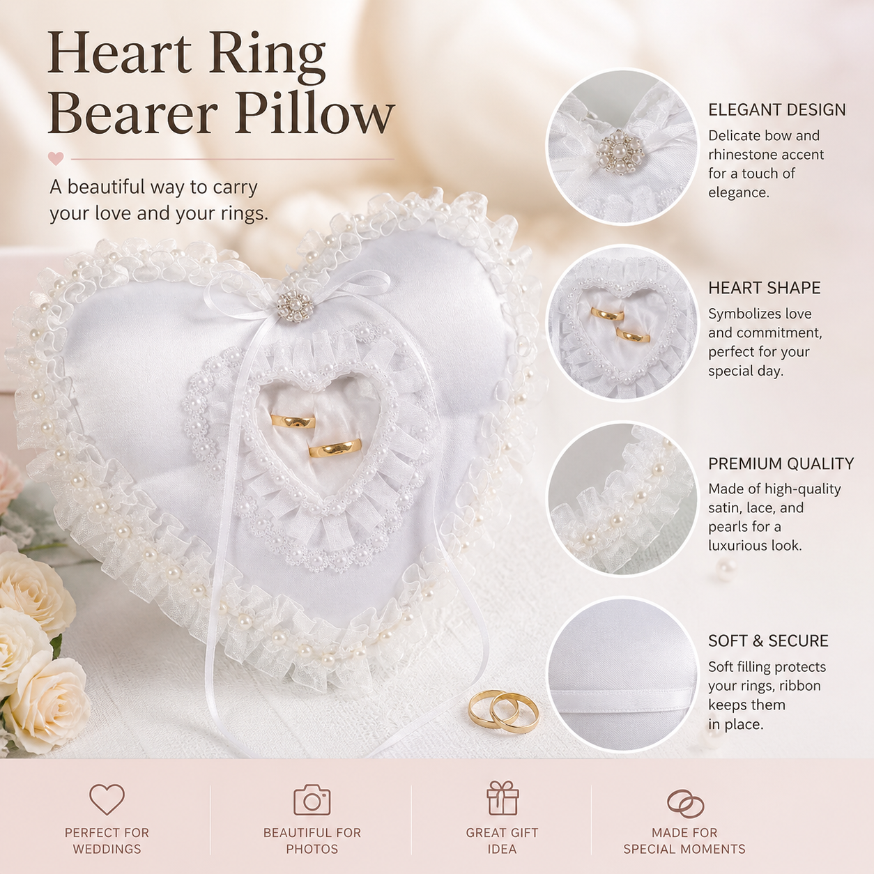 White Heart Shaped Wedding Rin - Ring Bearer Pillow 리뷰 및 가격